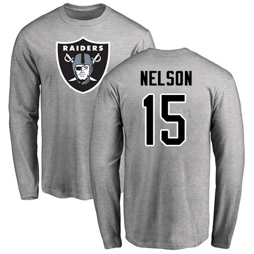 Men Oakland Raiders Ash J  J  Nelson Name and Number Logo NFL Football #15 Long Sleeve T Shirt->oakland raiders->NFL Jersey